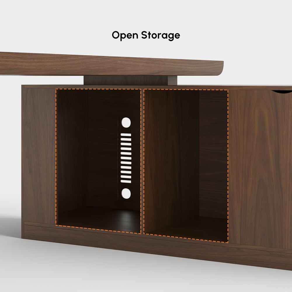 Tiroirs de bureau de direction modernes en forme de L en noyer et armoire droite (1800 mm) image de fenêtre