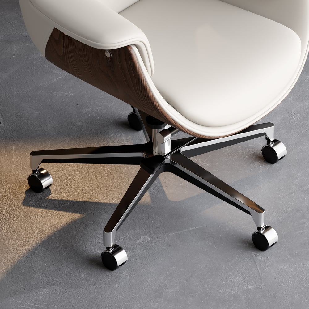 White Leather Modern Home Office Chair Upholstered High Back Desk Chair Wood Grain Frame window image