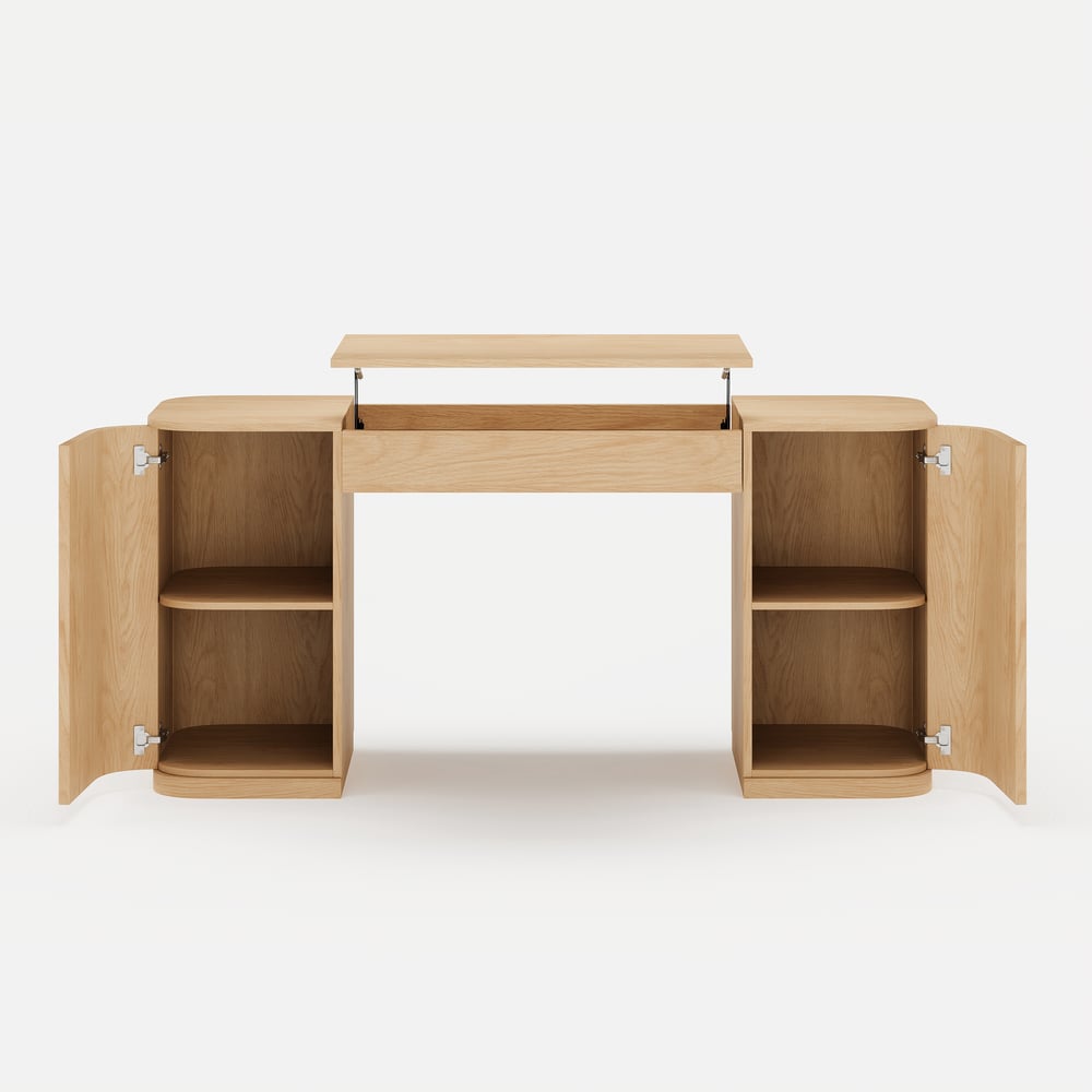 Modern 60" Natural Standing Office Desk & Sliding Door Etagere Bookshelf window image