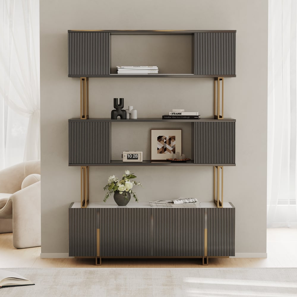 Glossy Black Sliding Door Etagere Bookshelf 5-Shelf Tall Book Shelf Rich Storage-170cm window image