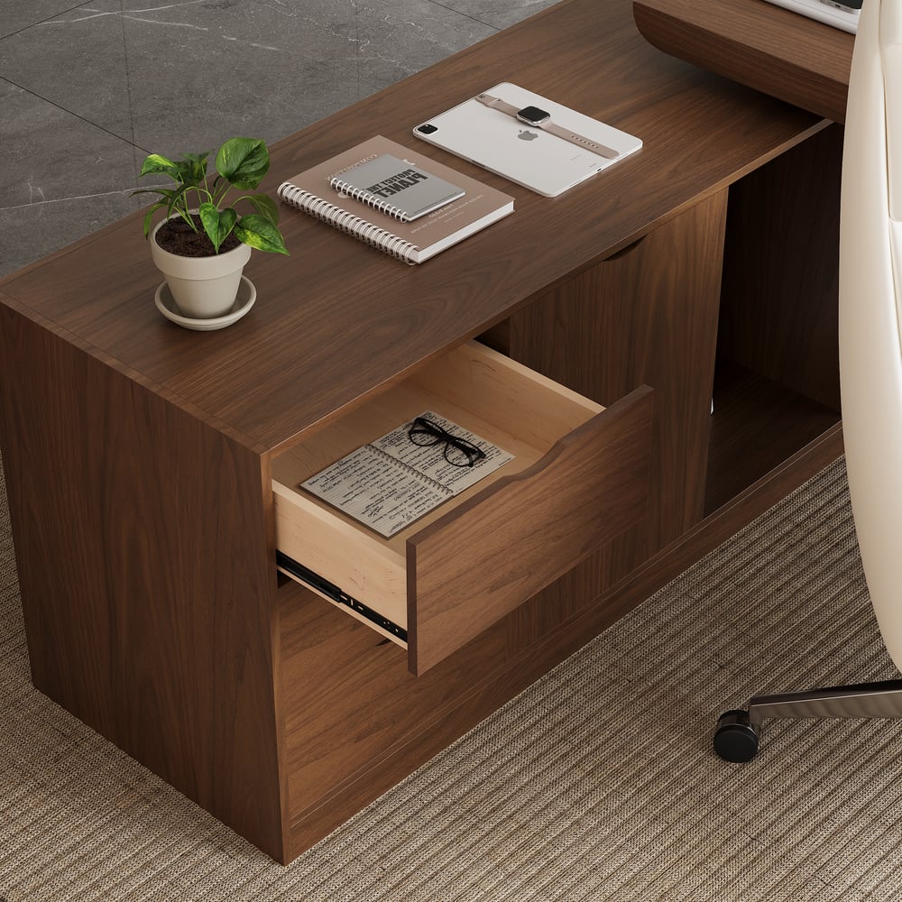 Mesa executiva moderna em forma de L em nogueira com gavetas e armário à esquerda (1800 mm) Imagem da janela