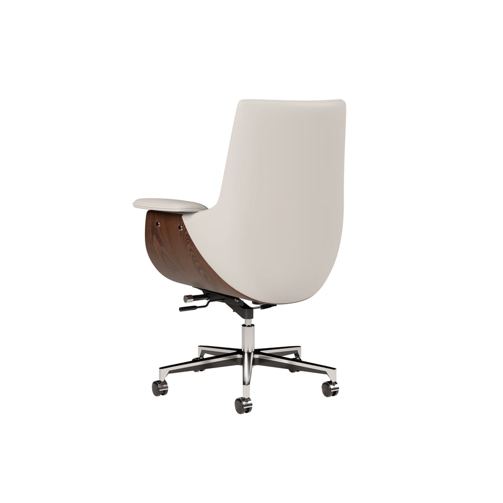 White Leather Modern Home Office Chair Upholstered High Back Desk Chair Wood Grain Frame window image