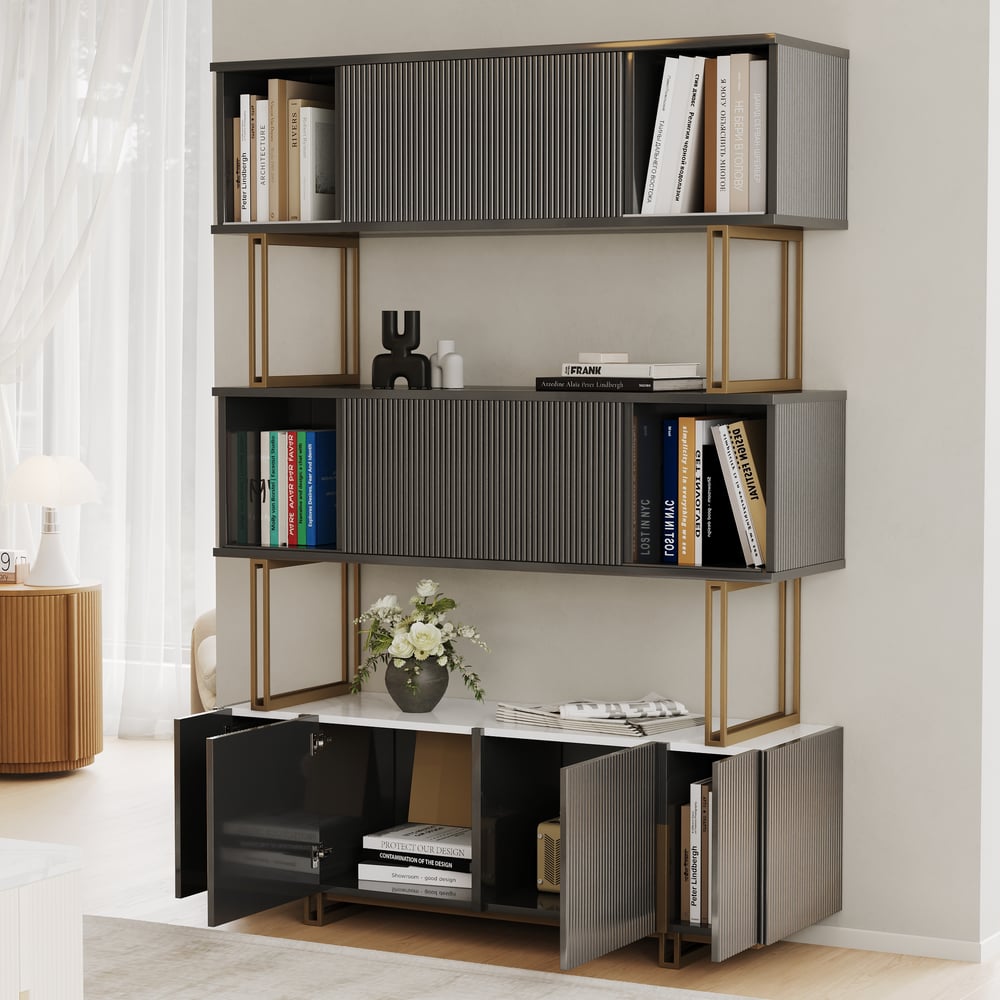 Glossy Black Sliding Door Etagere Bookshelf 5-Shelf Tall Book Shelf Rich Storage-170cm window image