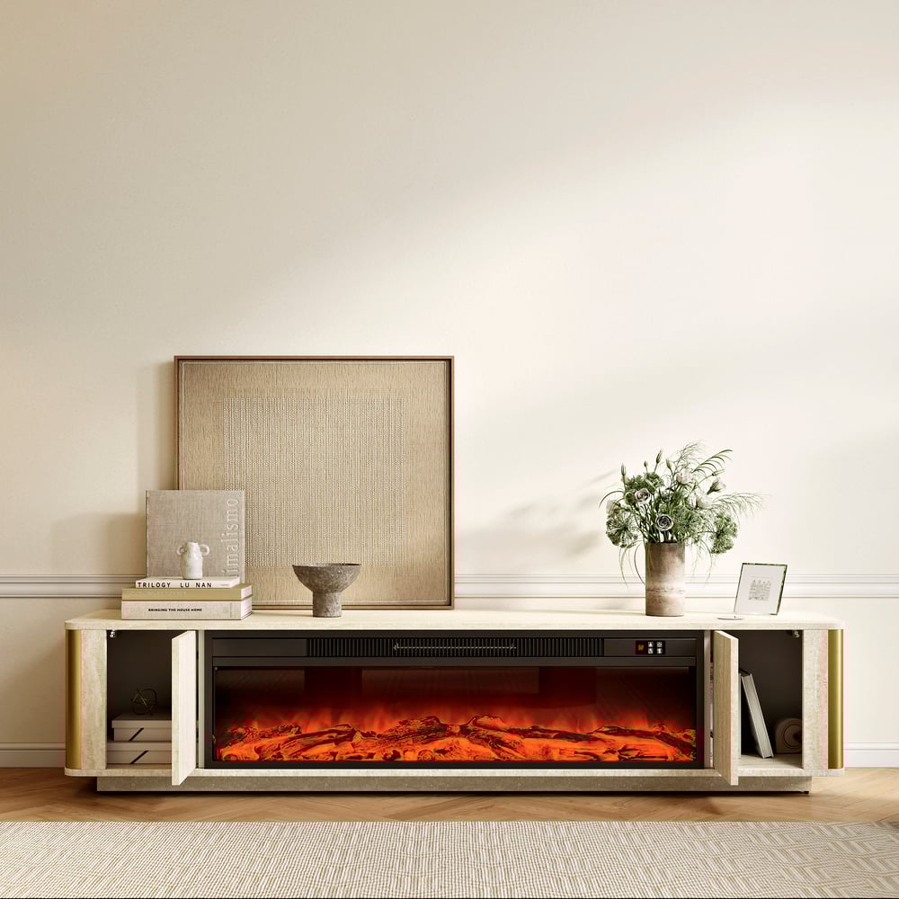 79" Travertine Veneer Fireplace TV Stand with Storage window image