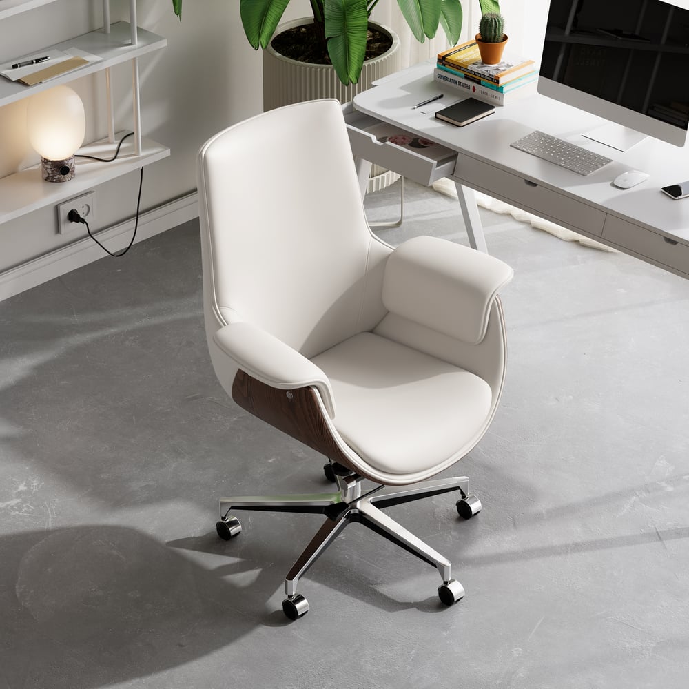 White Leather Modern Home Office Chair Upholstered High Back Desk Chair Wood Grain Frame window image