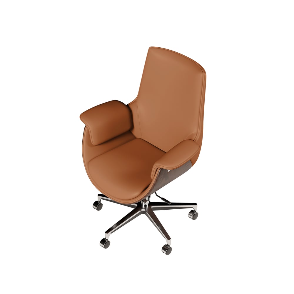 Brown Leather Modern Home Office Chair Upholstered High Back Desk Chair Wood Grain Frame window image