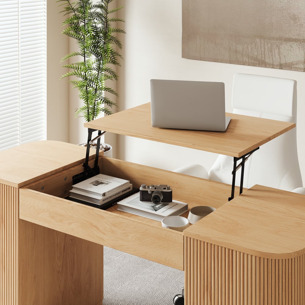 Modern Natural Standing Writing Desk with 2 Doors & Ample Storage Office Desk (59.8" ) window image