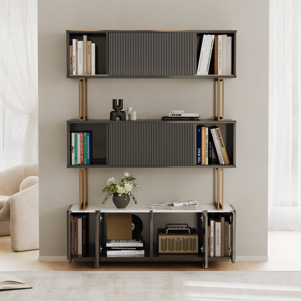 Glossy Black Sliding Door Etagere Bookshelf 5-Shelf Tall Book Shelf Rich Storage-170cm window image