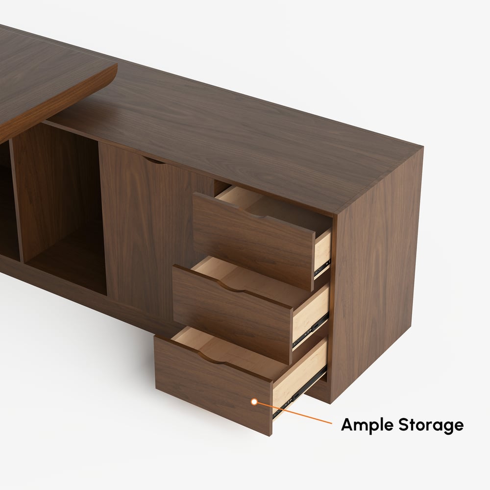 Tiroirs de bureau de direction modernes en forme de L en noyer et armoire droite (1800 mm) image de fenêtre