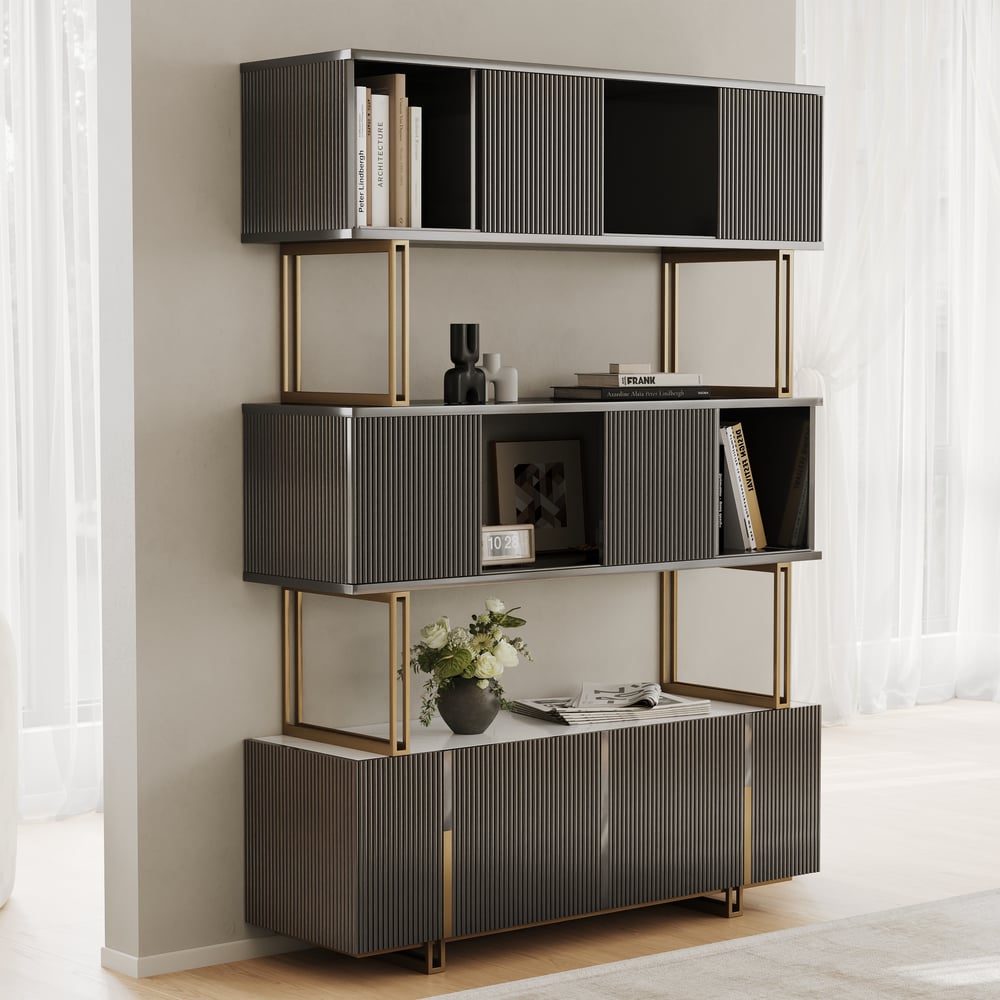 Glossy Black Sliding Door Etagere Bookshelf 5-Shelf Tall Book Shelf Rich Storage-170cm window image