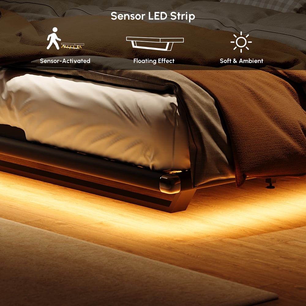 Modern Leather King Size Floating Bedroom Set with Light & Adjustable Headboard window image