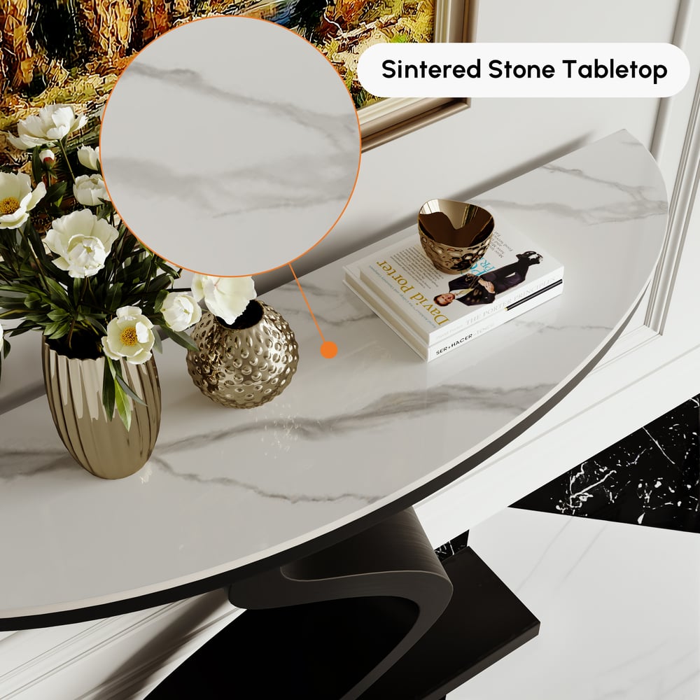 Modern 1000mm White & Black Curved Console Table with Sintered Stone Top Half Moon Shape window image