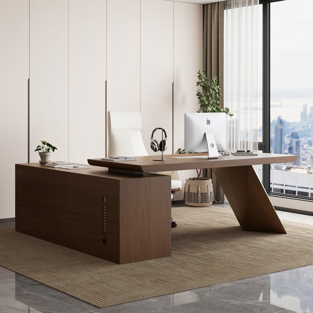 Tiroirs de bureau de direction modernes en forme de L en noyer et armoire droite (1800 mm) image de fenêtre