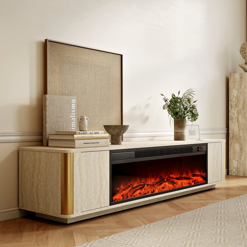 79" Travertine Veneer Fireplace TV Stand with Storage window image