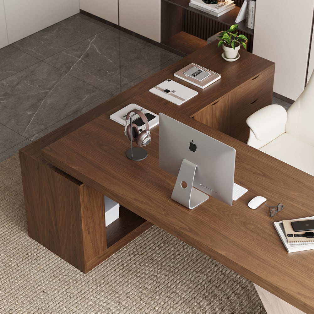 Tiroirs de bureau de direction modernes en forme de L en noyer et armoire droite (1800 mm) image de fenêtre