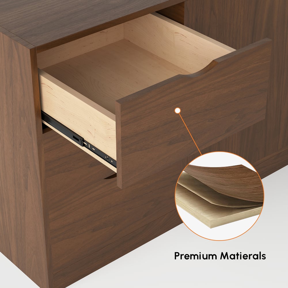 Mesa executiva moderna em forma de L em nogueira com gavetas e armário à esquerda (1800 mm) Imagem da janela