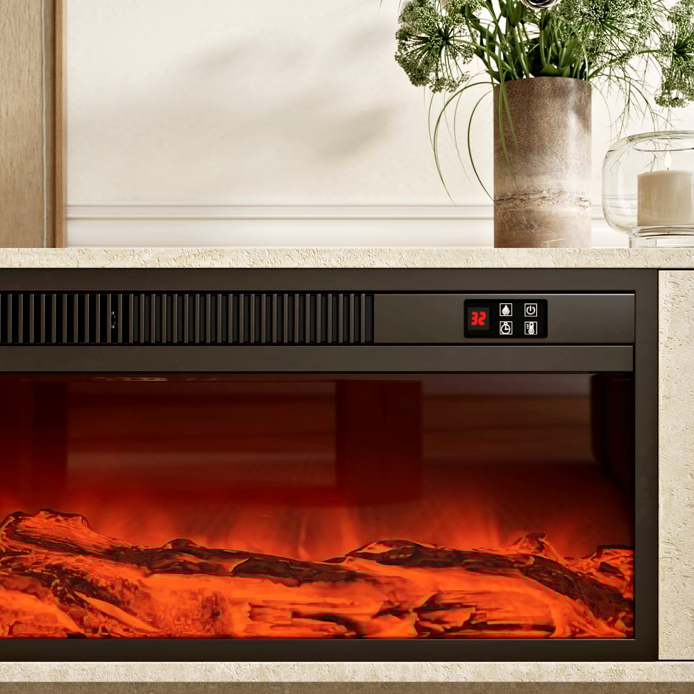 79" Travertine Veneer Fireplace TV Stand with Storage window image