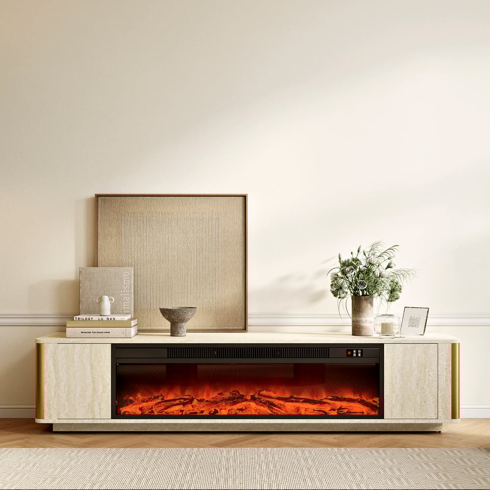 79" Travertine Veneer Fireplace TV Stand with Storage window image