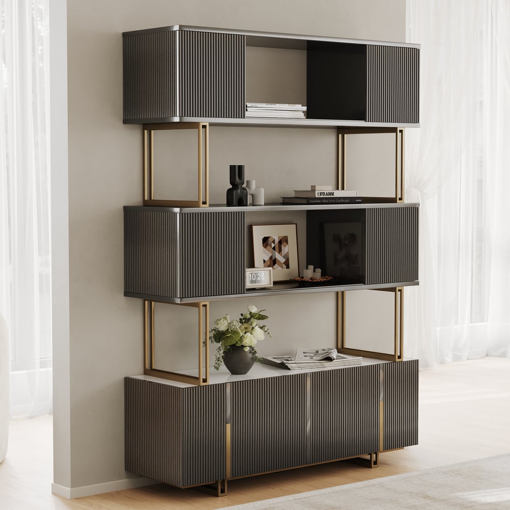 Glossy Black Sliding Door Etagere Bookshelf 5-Shelf Tall Book Shelf Rich Storage-170cm window image