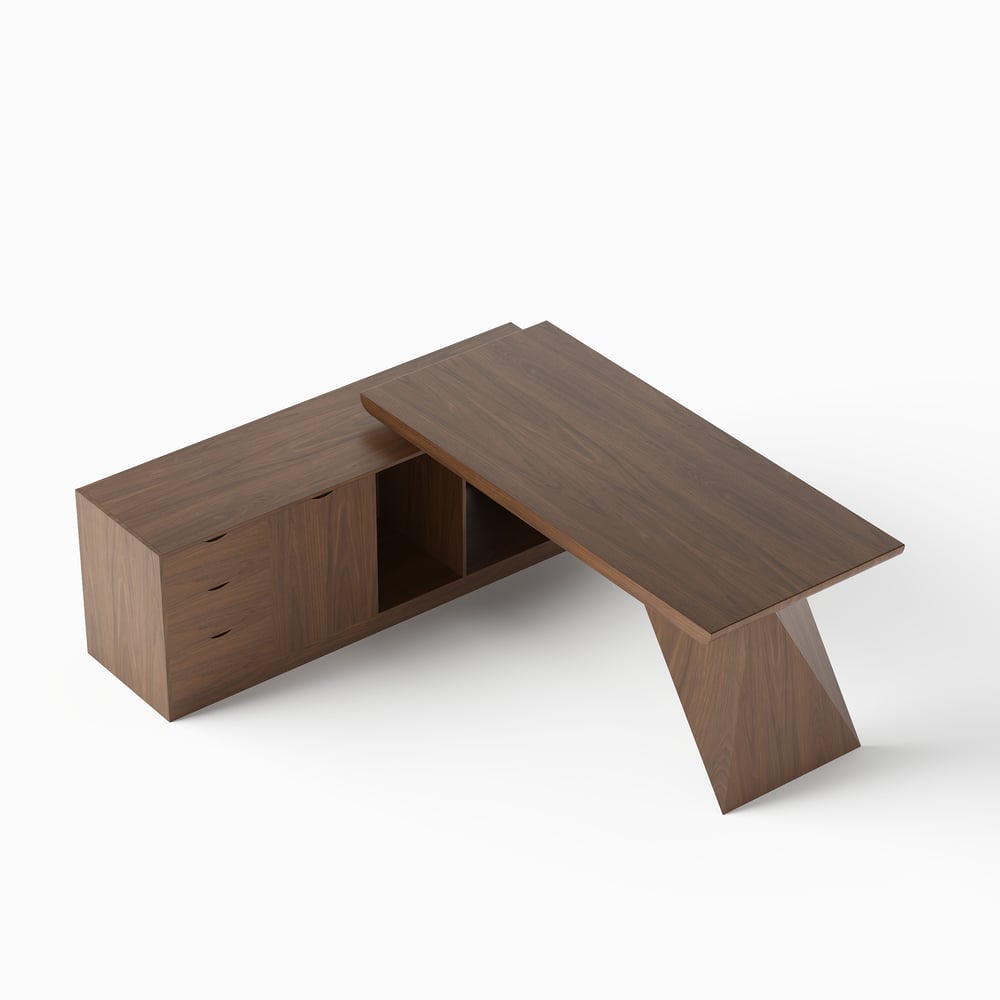 Mesa executiva moderna em forma de L em nogueira com gavetas e armário à esquerda (1800 mm) Imagem da janela