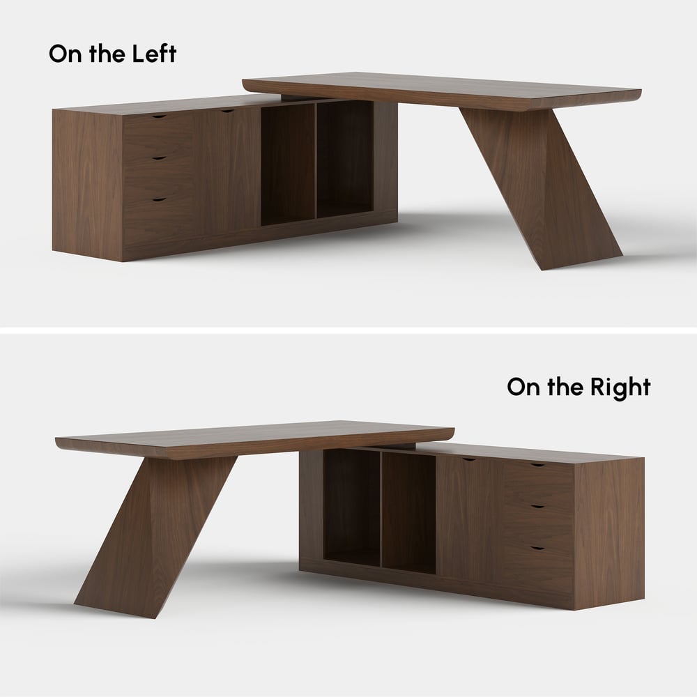 Mesa executiva moderna em forma de L em nogueira com gavetas e armário à esquerda (1800 mm) Imagem da janela