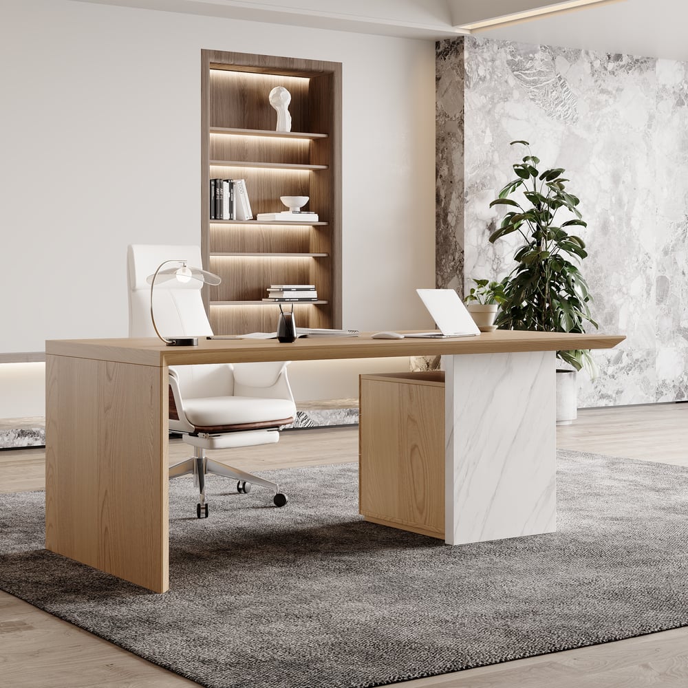 Modern White & Natural Home Office Desk with Movable File Cabinet (59.8") window image