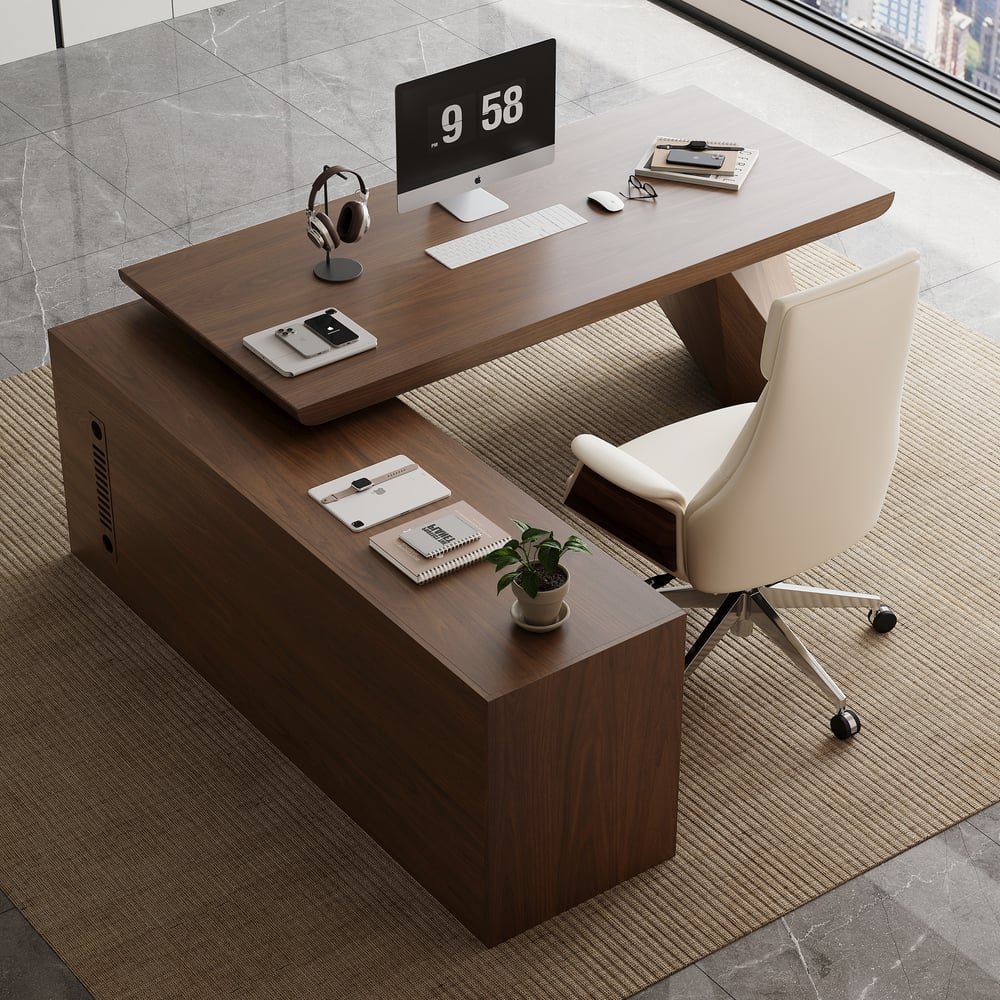 Mesa executiva moderna em forma de L em nogueira com gavetas e armário à esquerda (1800 mm) Imagem da janela