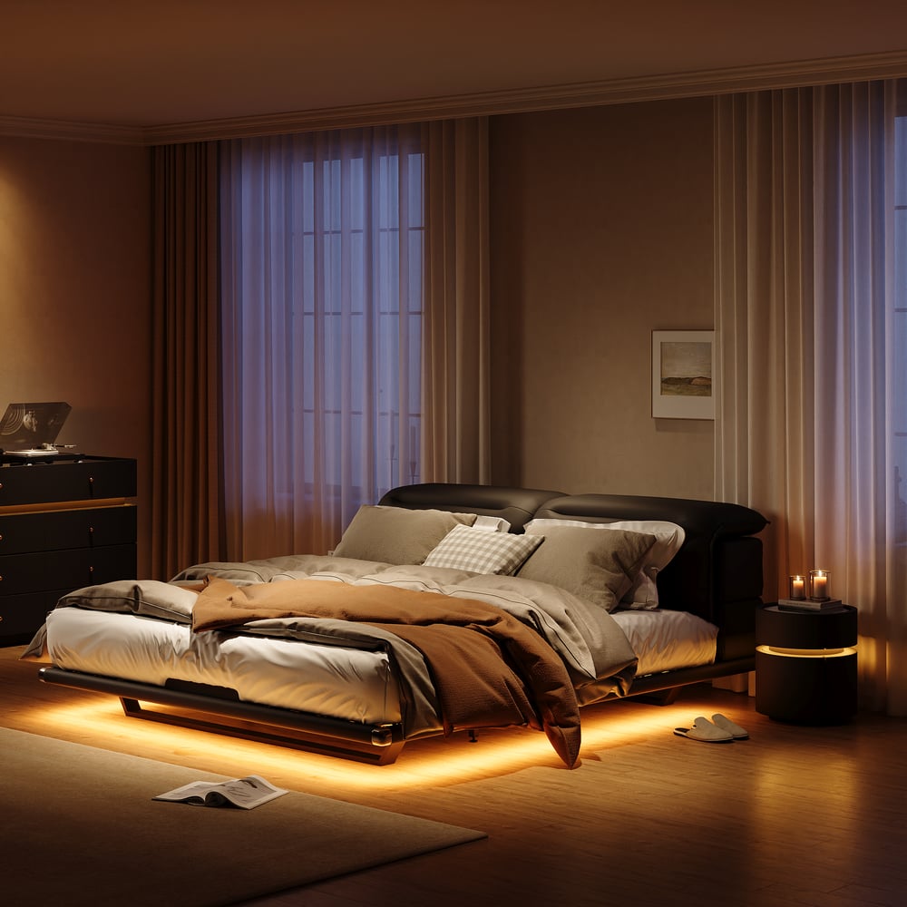 Modern King Size Floating Bed Frame with Light & Adjustable Headboard window image