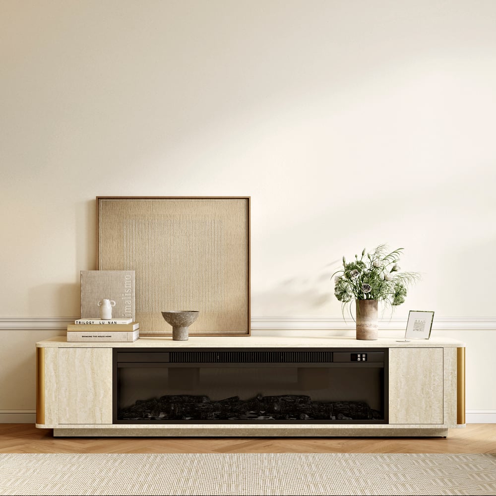 79" Travertine Veneer Fireplace TV Stand with Storage window image