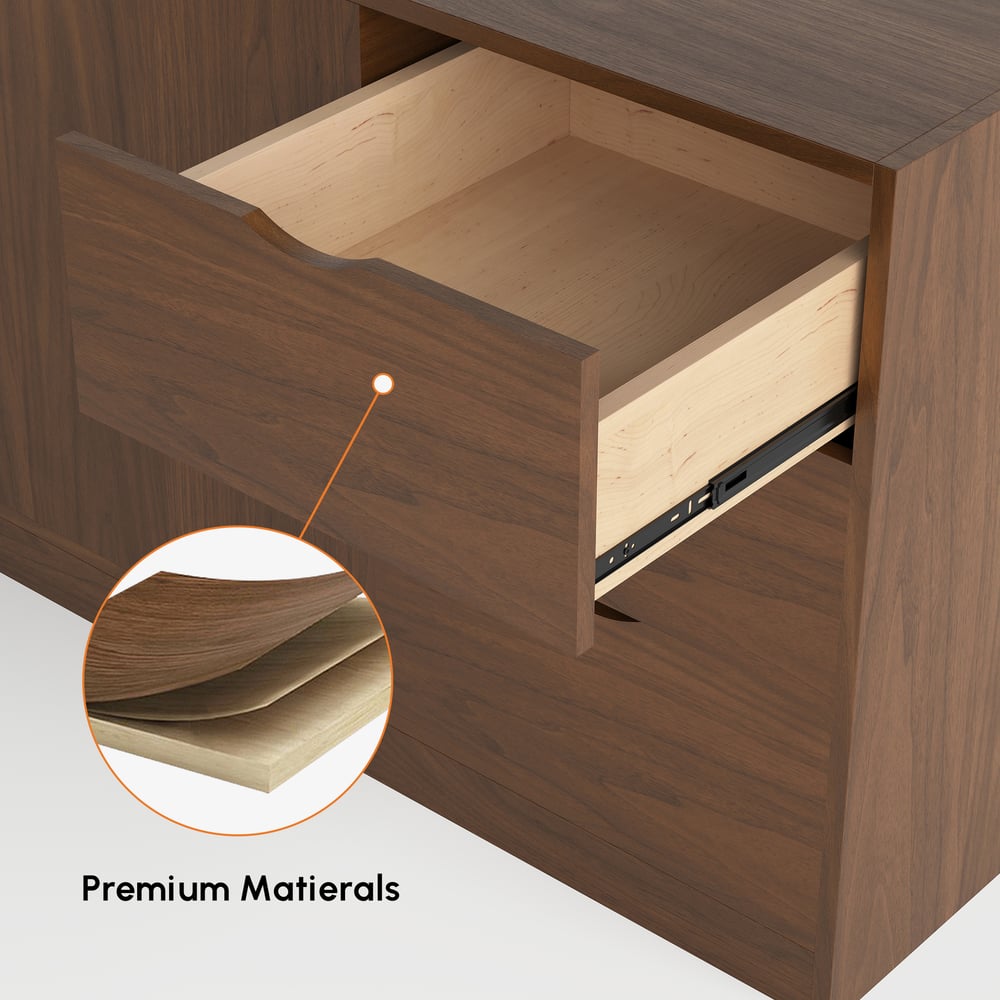 Tiroirs de bureau de direction modernes en forme de L en noyer et armoire droite (1800 mm) image de fenêtre