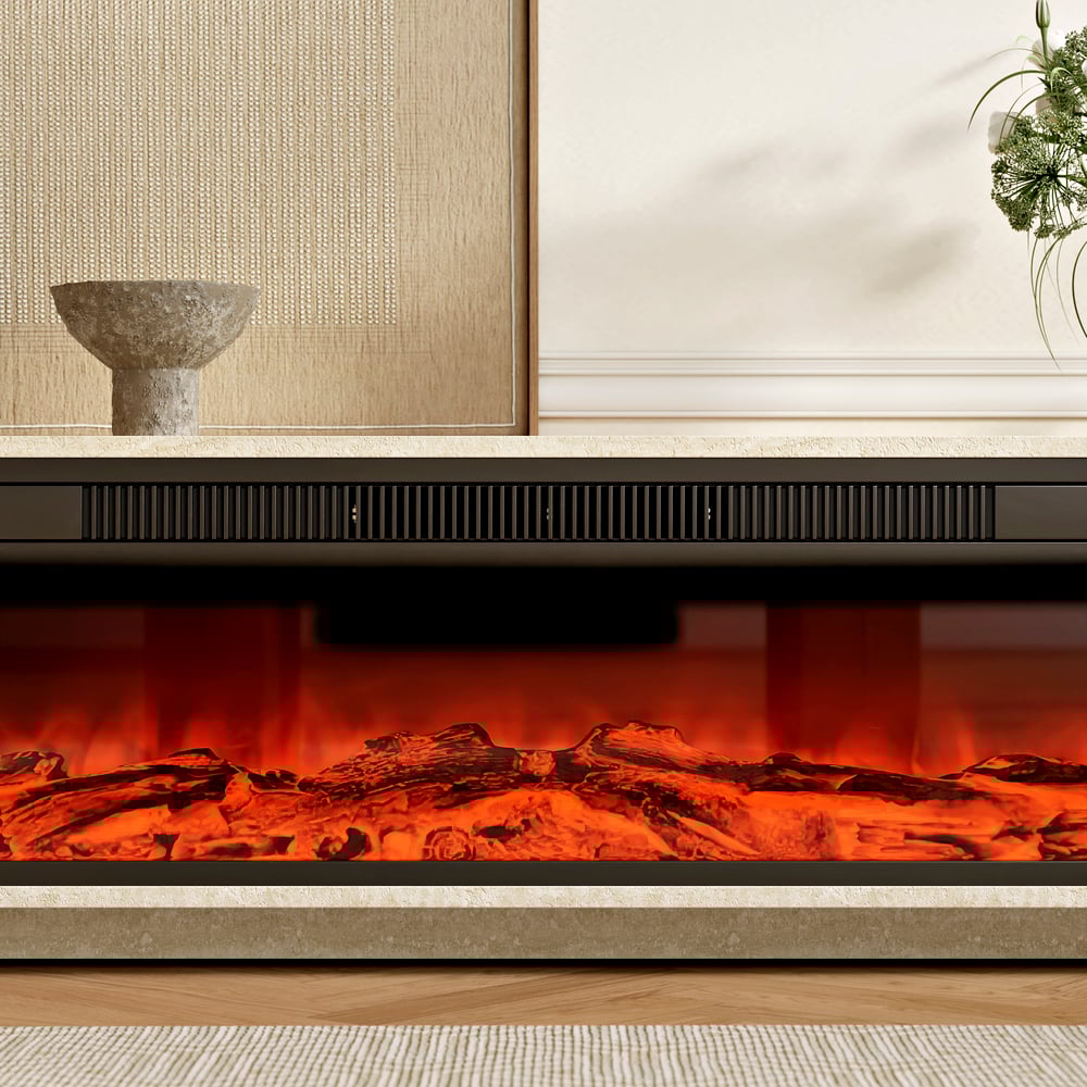 79" Travertine Veneer Fireplace TV Stand with Storage window image