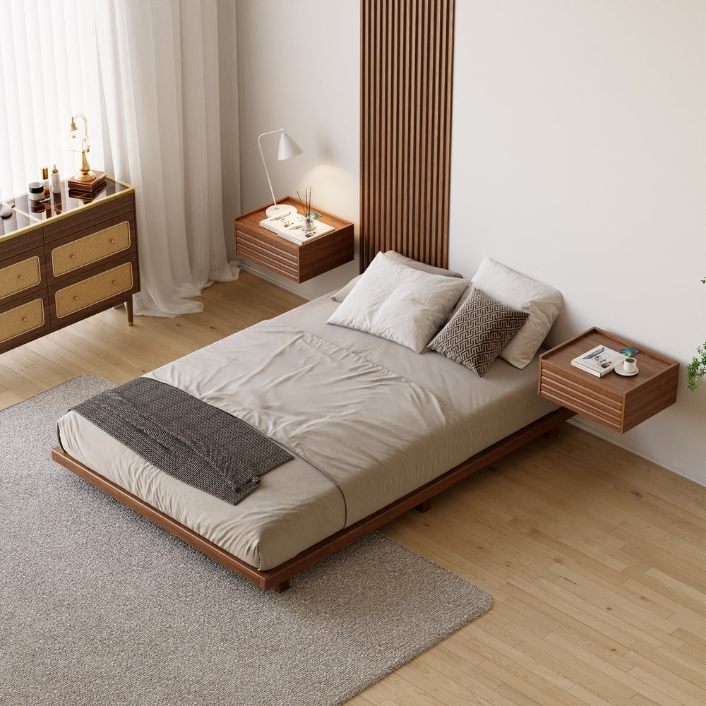 Lit de sol en noyer de style japonais 140 x 200 cm image de fenêtre