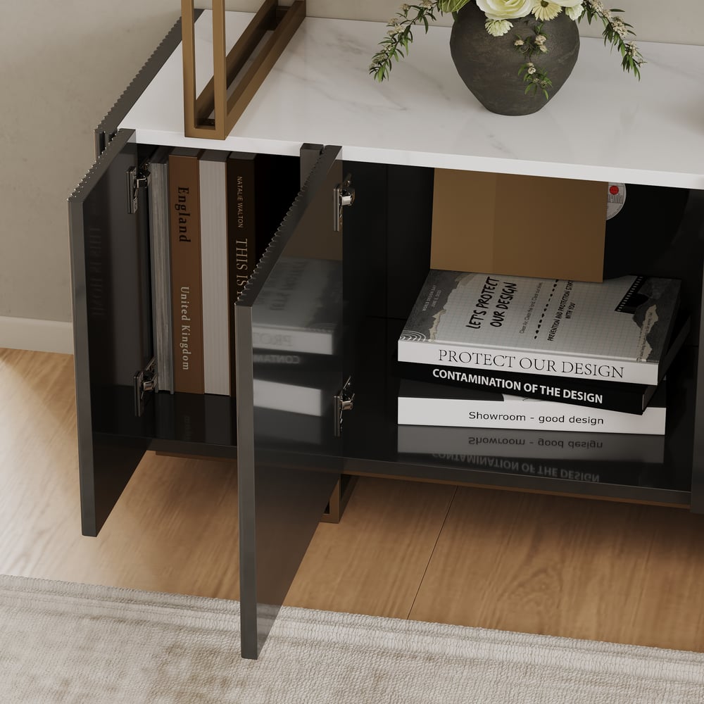 Glossy Black Sliding Door Etagere Bookshelf 5-Shelf Tall Book Shelf Rich Storage-170cm window image