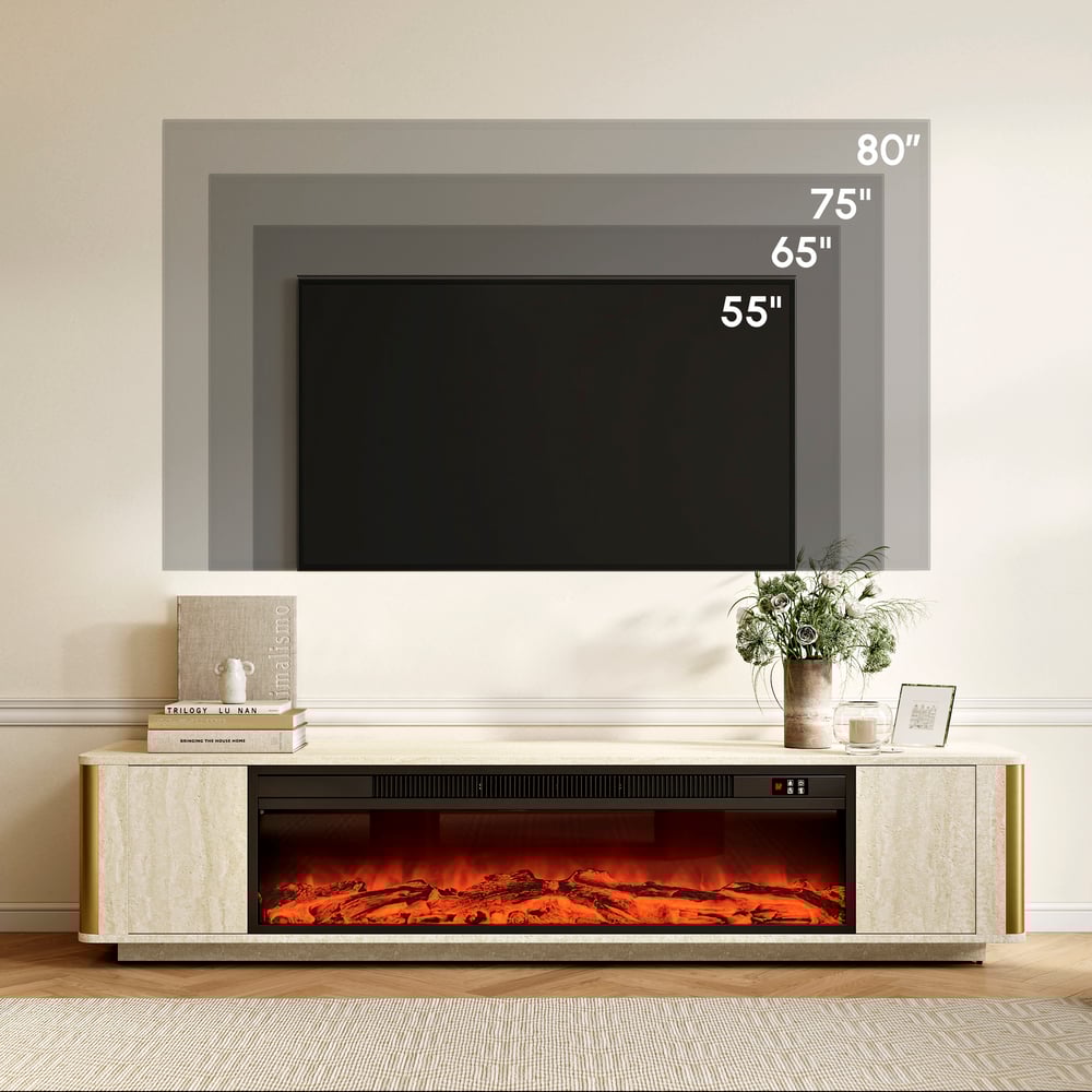 79" Travertine Veneer Fireplace TV Stand with Storage weights dimensions image