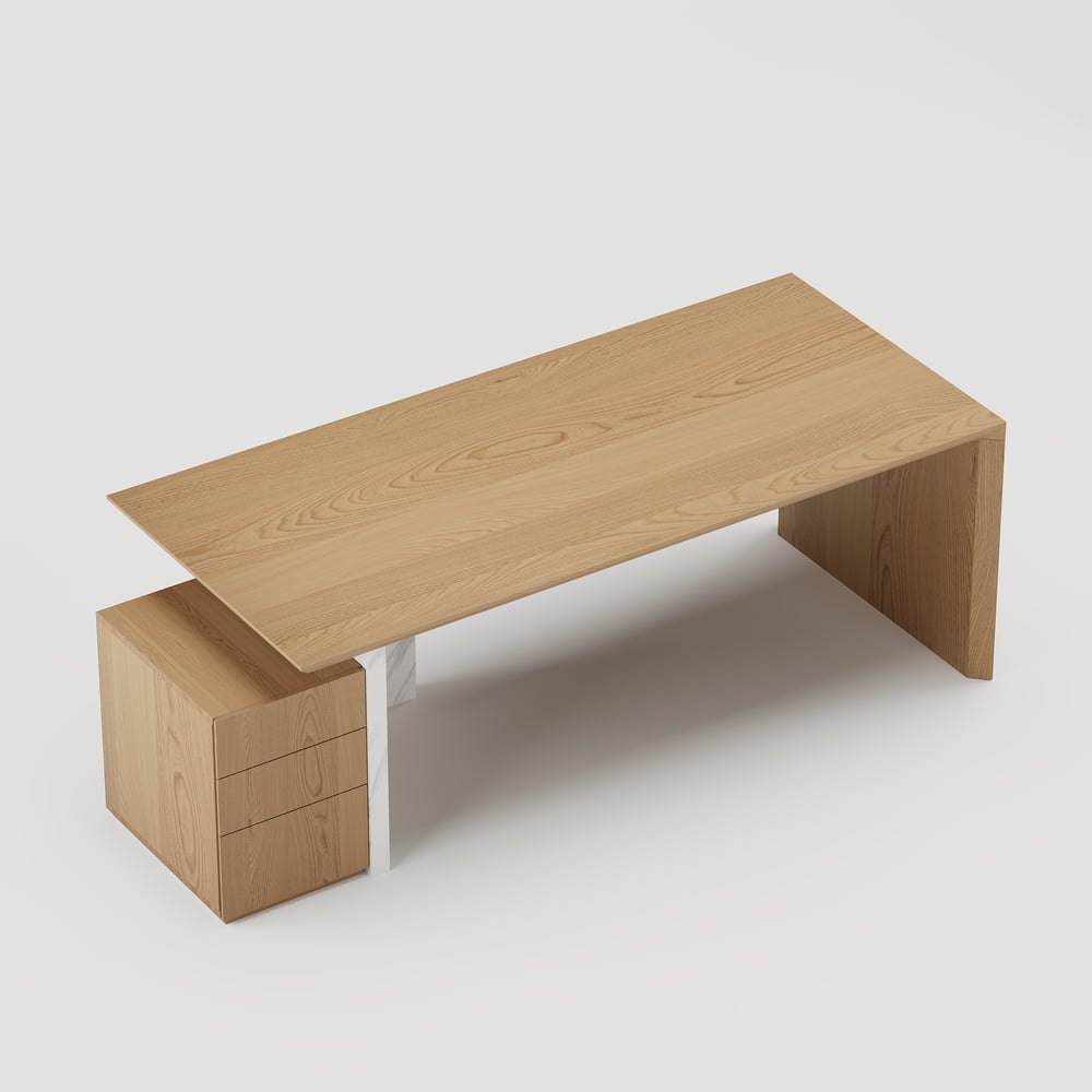 Modern White & Natural Home Office Desk with Movable File Cabinet (59.8") window image