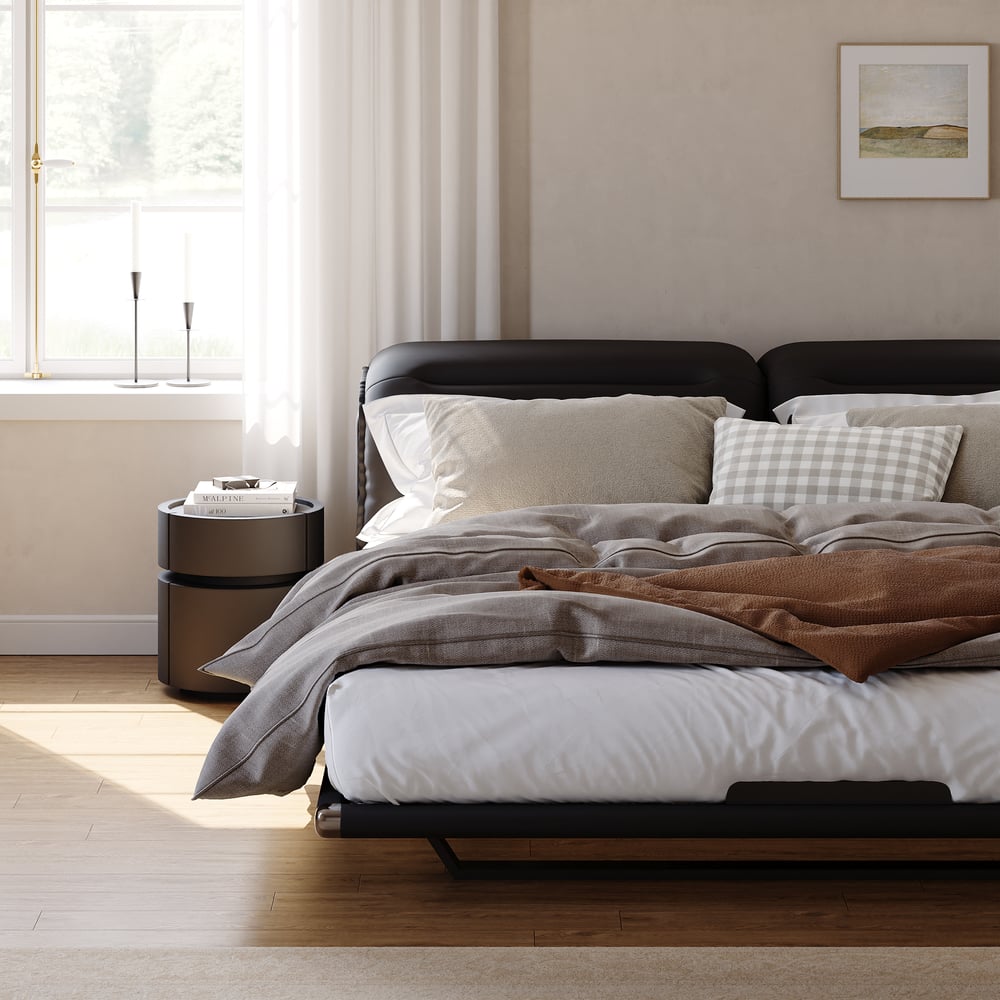 Modern Leather King Size Floating Bedroom Set with Light & Adjustable Headboard window image