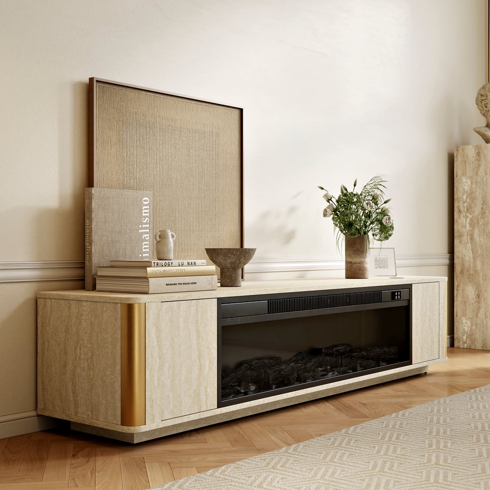 79" Travertine Veneer Fireplace TV Stand with Storage window image