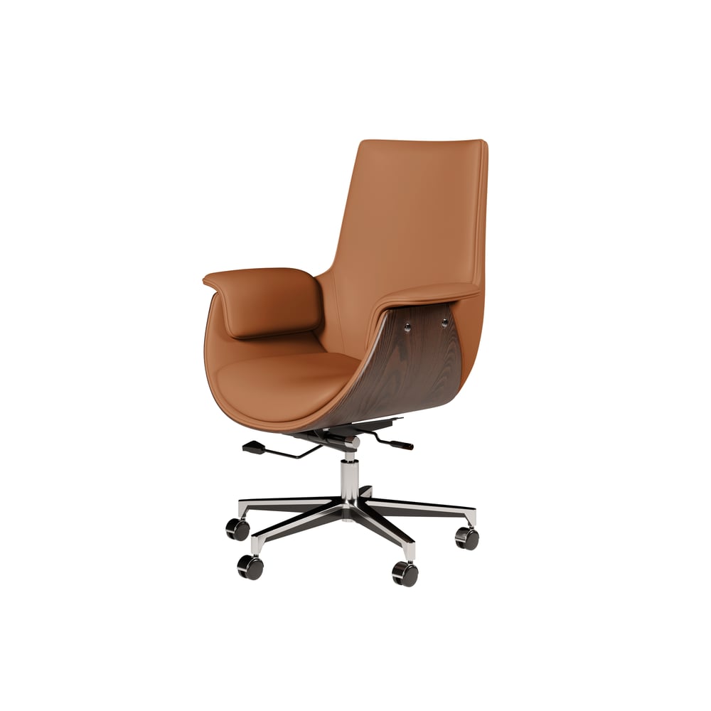 Brown Leather Modern Home Office Chair Upholstered High Back Desk Chair Wood Grain Frame window image
