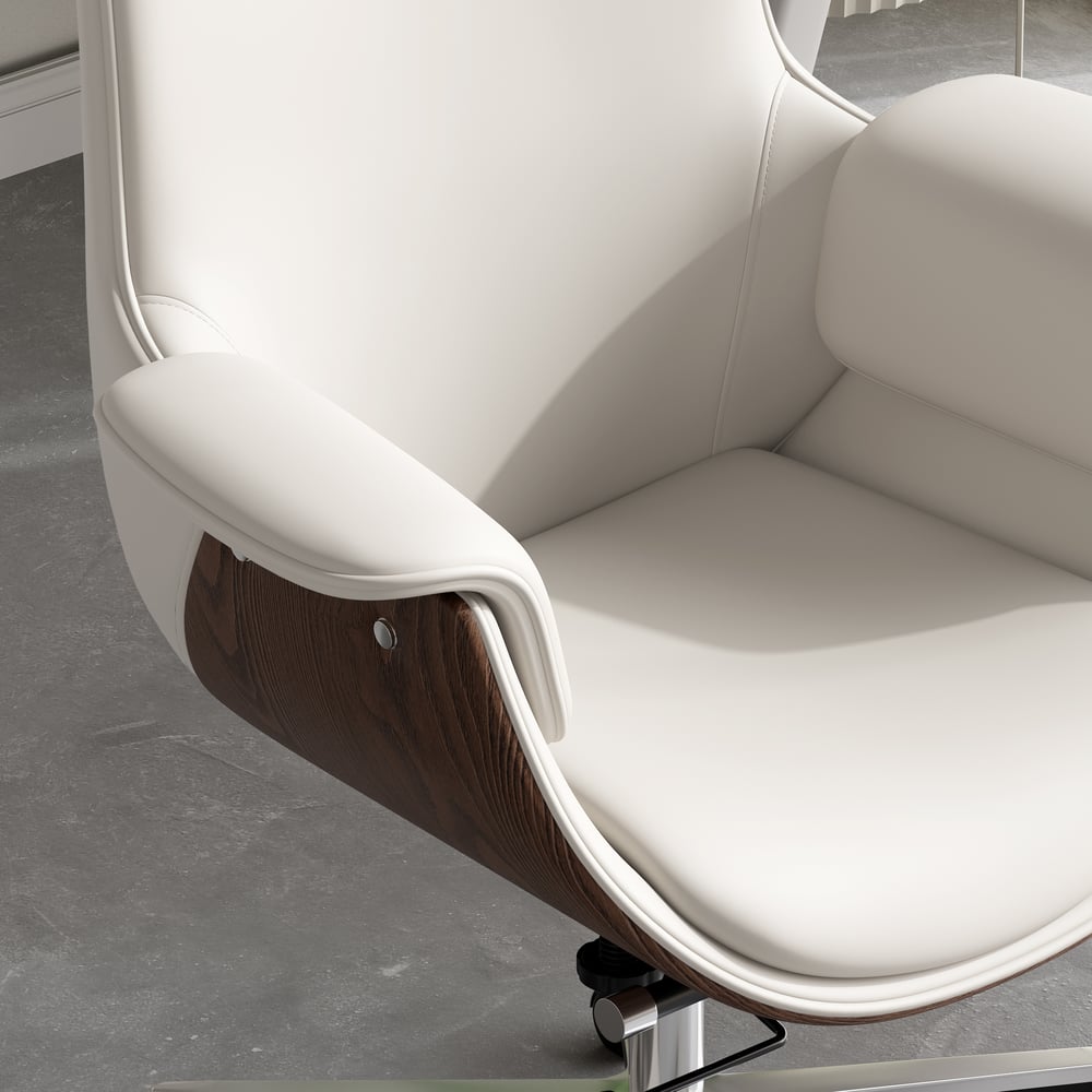 White Leather Modern Home Office Chair Upholstered High Back Desk Chair Wood Grain Frame window image