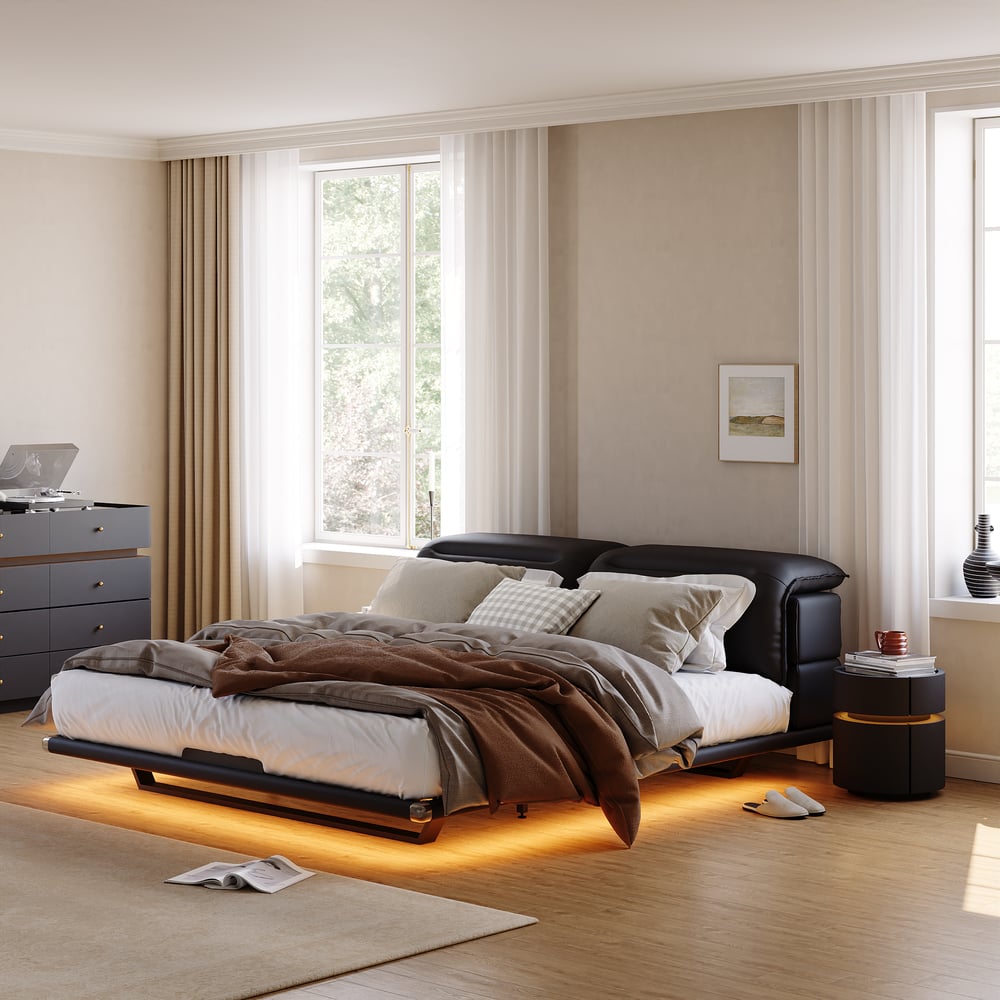 Modern King Size Floating Bed Frame with Light & Adjustable Headboard window image