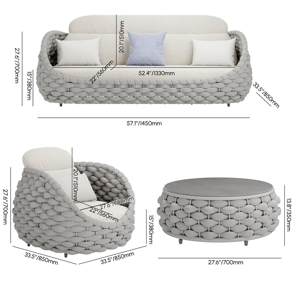 Cocaro Set Divano Girevole da Esterno in Corda Intrecciata da 4 Pezzi con Tavolino da Caffè in Grigio e Bianco Immagine con pesi e dimensioni