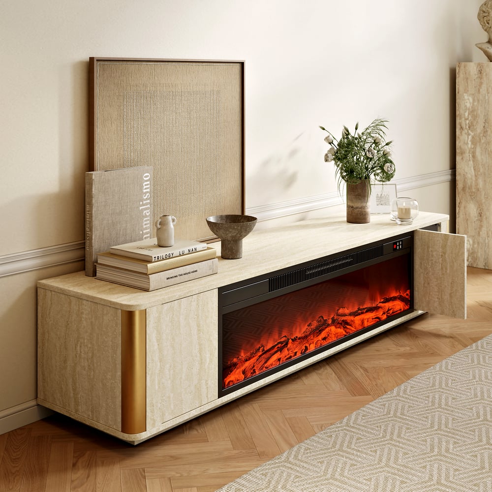 79" Travertine Veneer Fireplace TV Stand with Storage window image