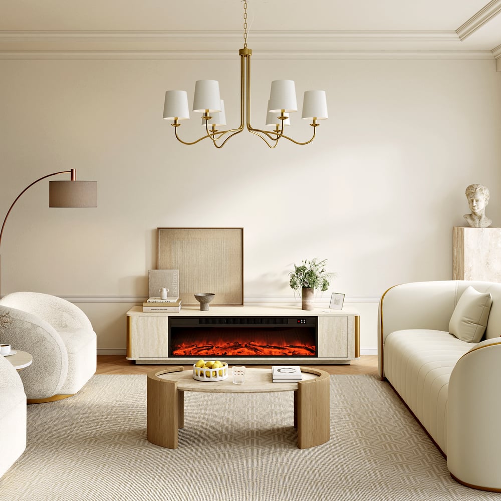 79" Travertine Veneer Fireplace TV Stand with Storage window image