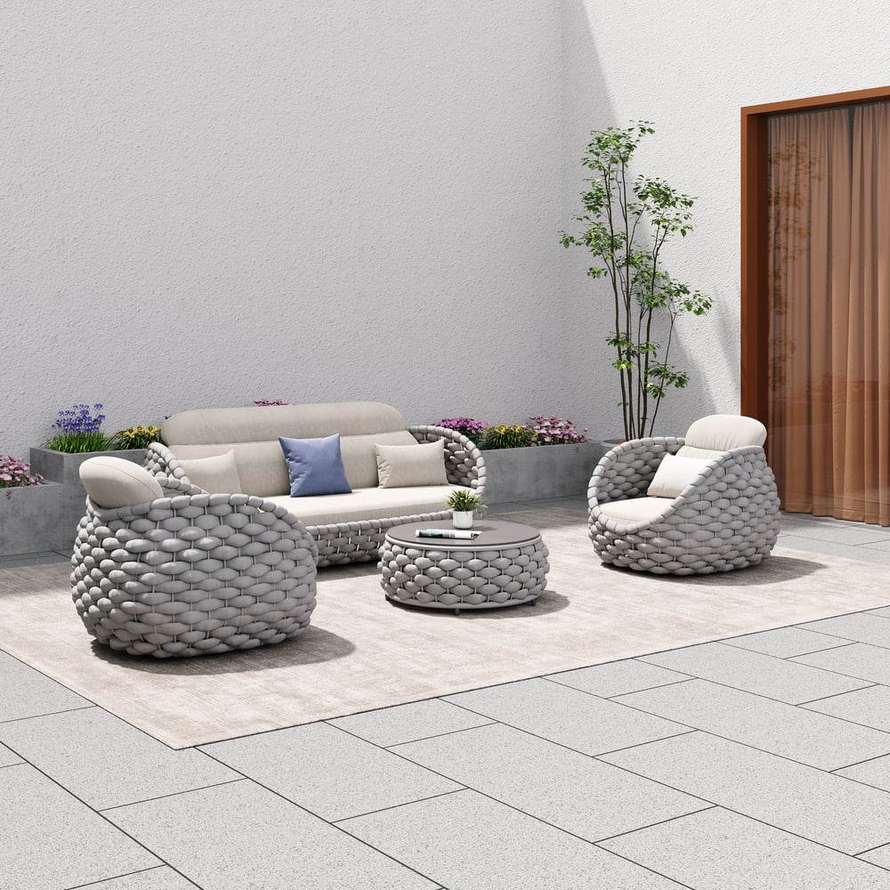 Tatta 4 Pieces Woven Rope Outdoor Swivel Sofa Set 360 Degree Rotatable with Coffee Table window image