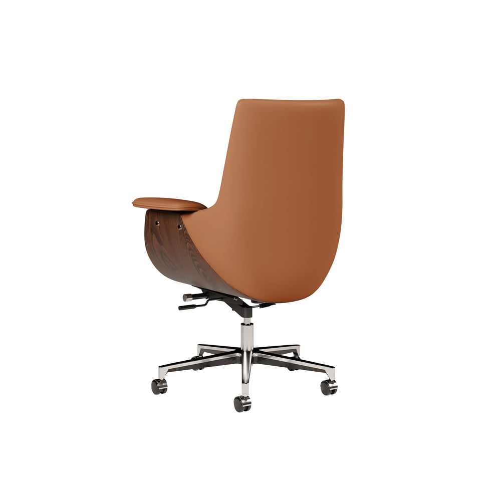 Brown Leather Modern Home Office Chair Upholstered High Back Desk Chair Wood Grain Frame window image