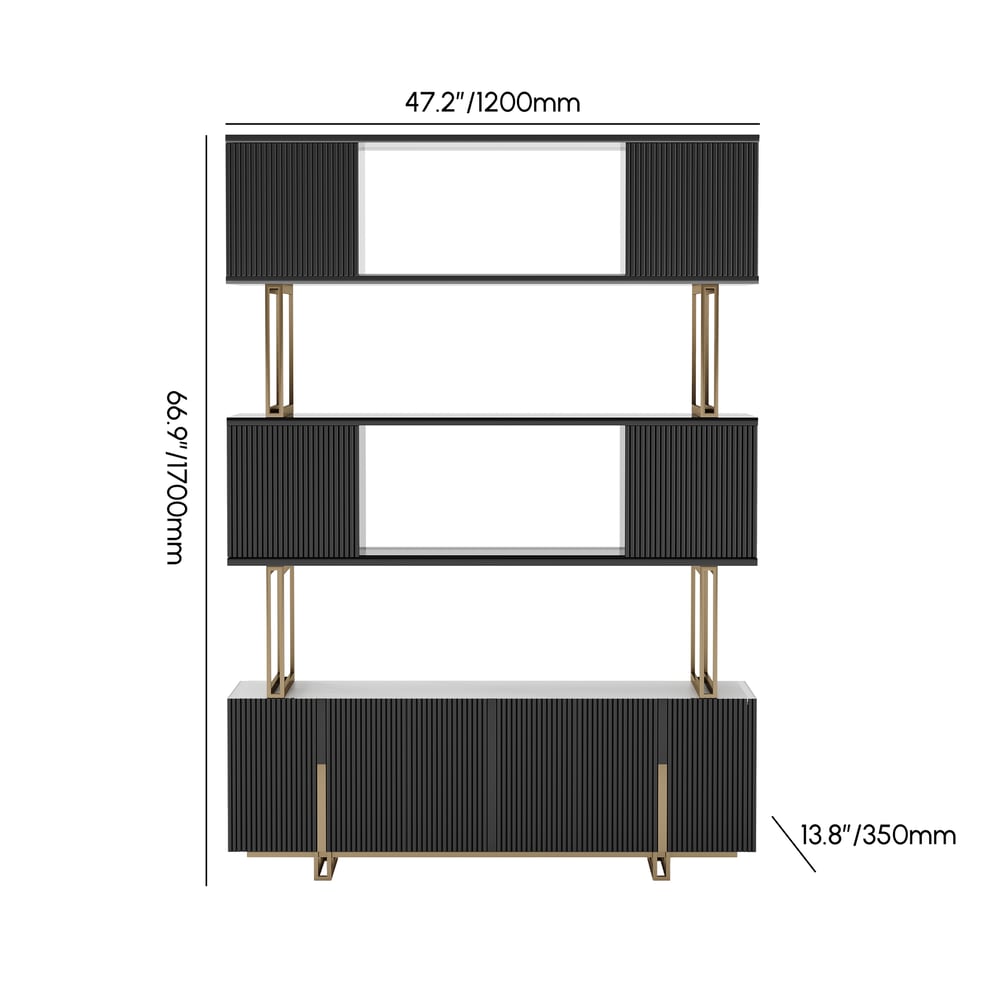 Glossy Black Sliding Door Etagere Bookshelf 5-Shelf Tall Book Shelf Rich Storage-170cm weights dimensions image