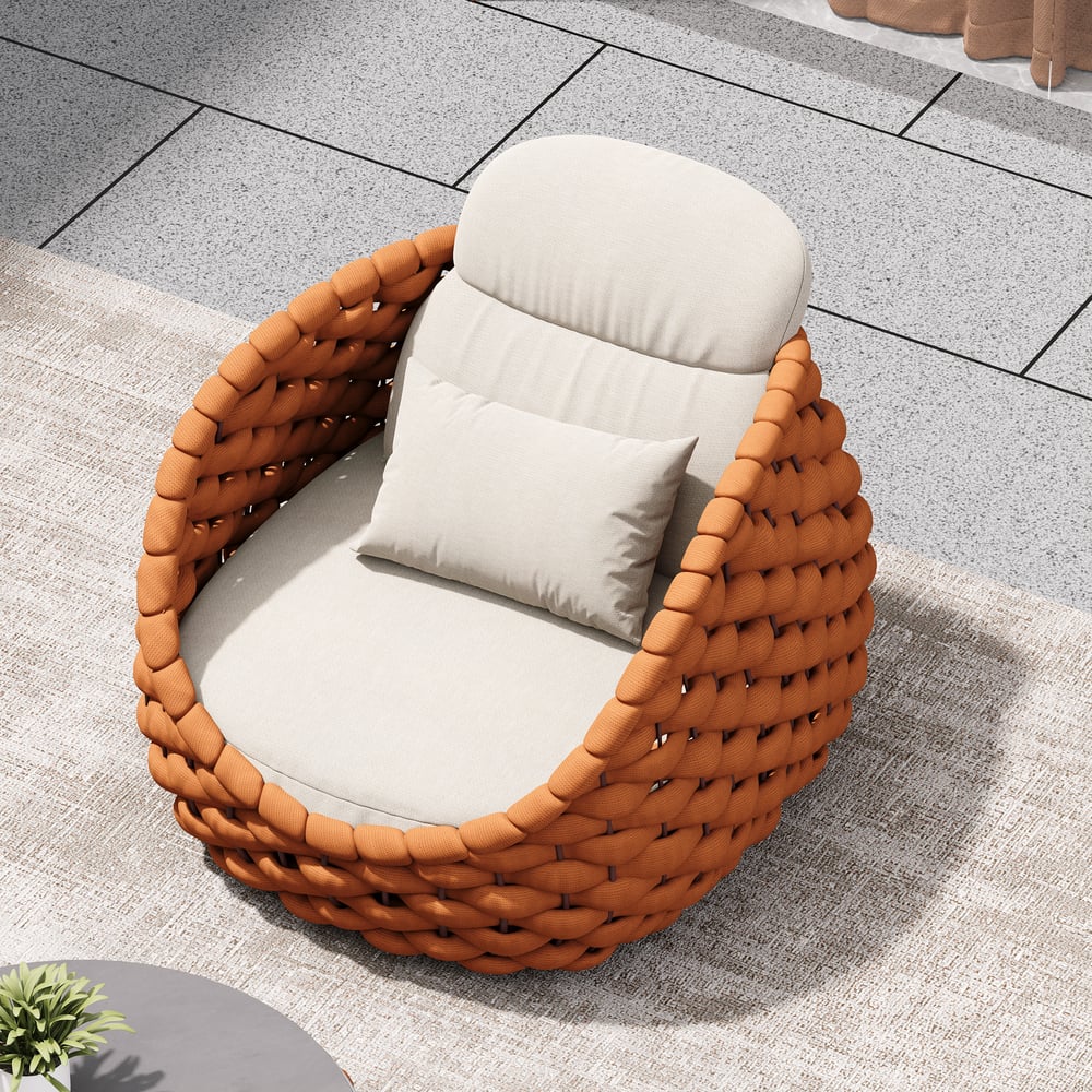 Silla de exterior con cuerda tejida, impermeable, para patio y patio, color naranja, con cojín imagen de ventana