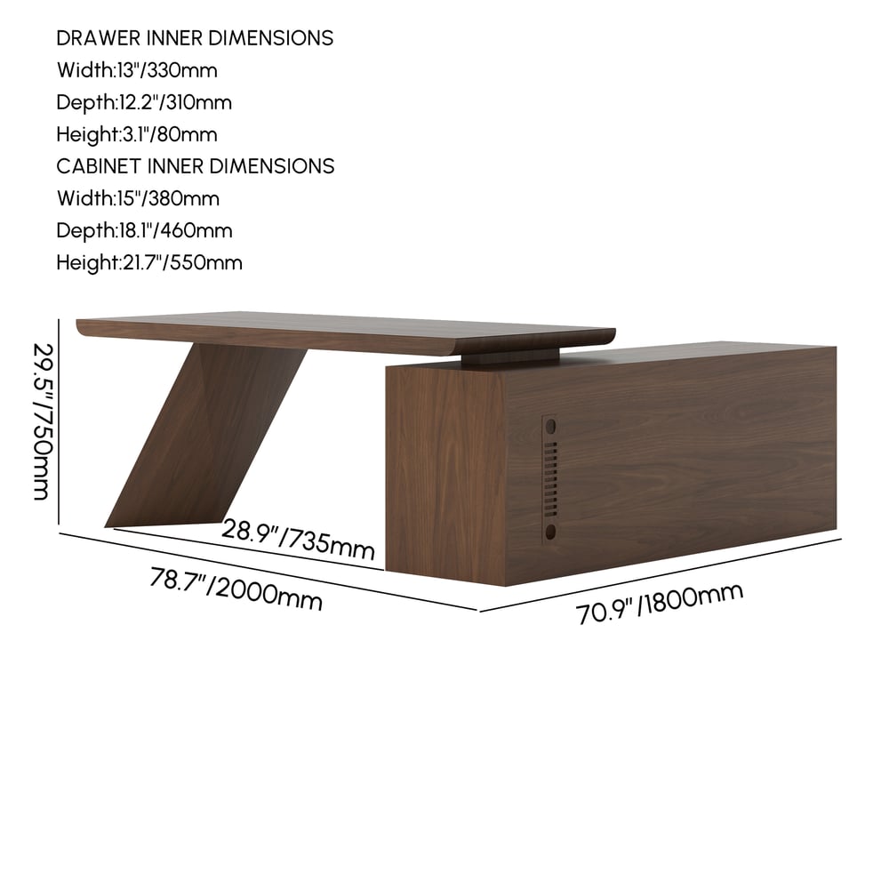 Mesa executiva moderna em forma de L em nogueira com gavetas e armário à esquerda (1800 mm) Imagem com pesos e dimensões