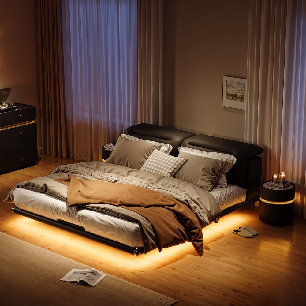 Modern Leather King Size Floating Bedroom Set with Light & Adjustable Headboard window image