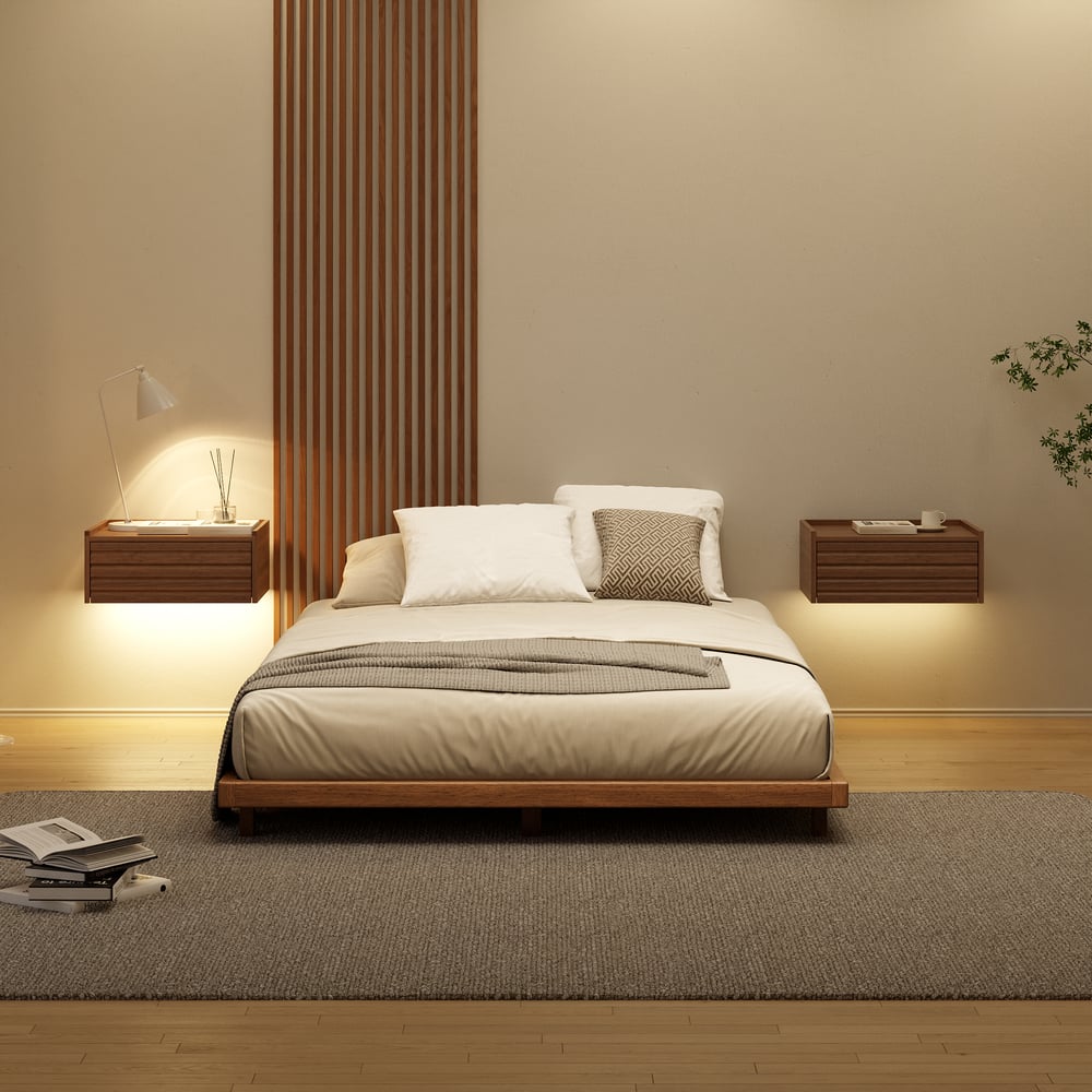 Lit de sol en noyer de style japonais 140 x 200 cm image de fenêtre